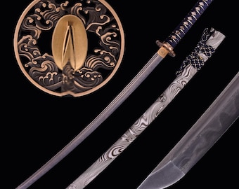 Ręcznie robiona katana z damasceńskiej stali – ręcznie kuta, pełna rękojeść, hartowana w glinie, japońska, prawdziwa, samurajska katana – idealna do kolekcji i ekspozycji