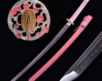 Handmade Pink Katana Real - Hand Forged Full Tang 1095 High Carbon Steel Clay Tempering Japanese Samurai Katana Sword, Girlfriend Gift