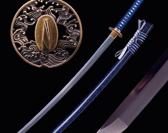 Ręcznie robiona japońska katana - ręcznie kuta, pełna rękojeść, stal węglowa 1095, autentyczny miecz samurajski katana, prawdziwy, ręcznie robiony niebieski miecz, prezent dla niego