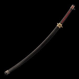 May include: A black katana sword with a curved blade. The handle is wrapped in red and black fabric. Gold-colored accents are visible on the hilt and scabbard. The sword is displayed against a black background.