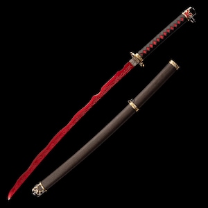 May include: A Japanese katana sword with a red blade and a black and red handle. The scabbard is dark brown with gold accents. The blade has a unique wavy pattern. The sword is displayed against a black background.