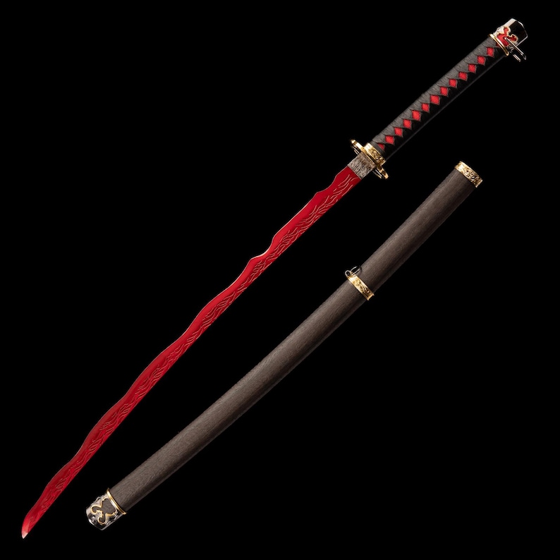 May include: A Japanese katana sword with a red blade and a black and red handle. The scabbard is dark brown with gold accents. The blade has a unique wavy pattern. The sword is displayed against a black background.
