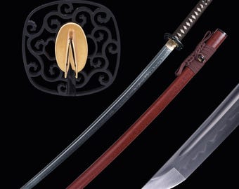 Spada Katana giapponese fatta a mano, autentica, forgiata a mano, con codolo intero, in acciaio ad alto tenore di carbonio 1095, temprata in argilla, spada da samurai Wakizashi, regalo per lui.