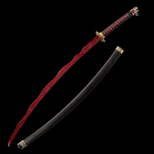 May include: A red and black katana sword with a black scabbard. The blade has a wavy pattern and a red hue. The handle is black with red diamond-shaped accents. The sword has gold-colored accents.
