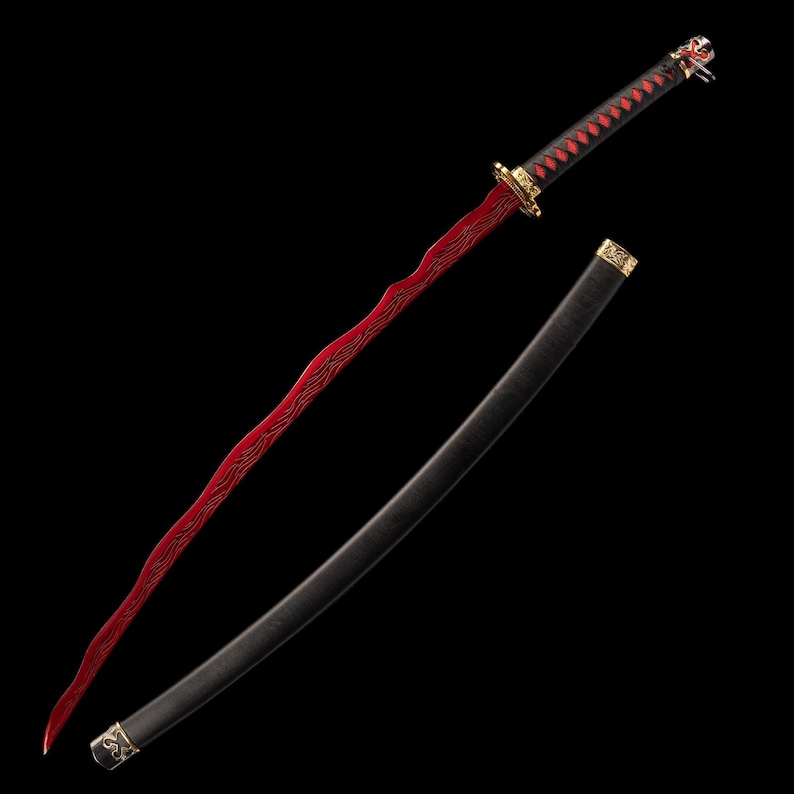 May include: A red and black katana sword with a black scabbard. The blade has a wavy pattern and a red hue. The handle is black with red diamond-shaped accents. The sword has gold-colored accents.