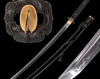 Espada japonesa auténtica hecha a mano: Espada katana samurái de acero T10 forjada a mano con espiga completa y templada con arcilla.