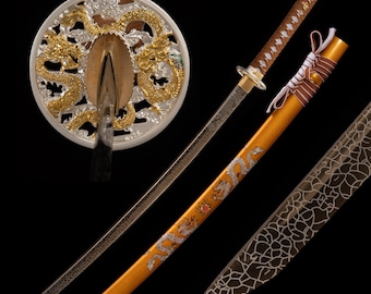 Handgjord drakekatana - Handsmidd full tånge 1060 högkolstål japansk samurajkatanasvärd äkta, pojkvänspresent gyllene drakesvärd