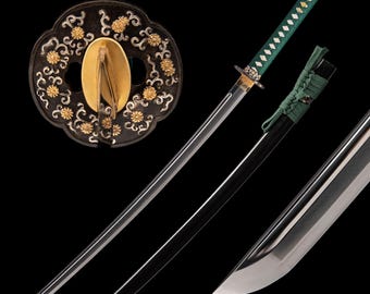Katana Kiku giapponese fatta a mano - Spada katana samurai in acciaio 1095 forgiata a mano con codolo intero e tempra in argilla - Nashiji lucidato a mano a tre tonalità