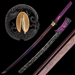 May include: A Japanese katana sword with a purple handle and a black scabbard. The blade has a gradient of purple and blue. The guard is black with a dragon design, and the scabbard features a dragon engraving.