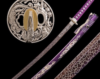 Katana de dragón hecha a mano: espada samurái japonesa de acero al carbono 1060 de espiga completa forjada a mano, espada de dragón púrpura real, regalo para él