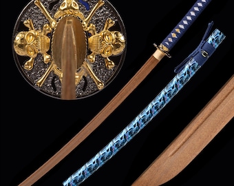 Handmade Wooden Skull Katana - Hand Forged Full Tang Wooden Blade Japanese Training Samurai Katana Sword - Perfect for Martial Arts, Cospaly