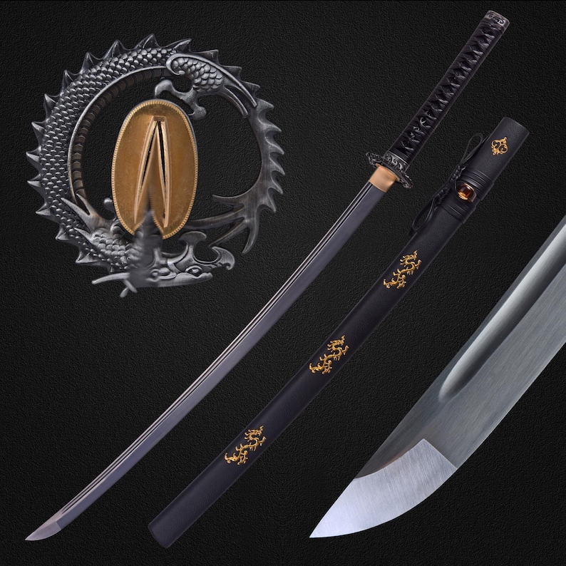 May include: A Japanese katana sword with a black handle and scabbard, featuring gold dragon designs. The blade is silver, and a decorative dragon-shaped metal piece is visible in the background.