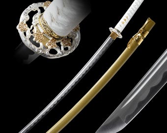 Spada da samurai fatta a mano - Spada katana giapponese forgiata a mano in acciaio al carbonio 1060 a codolo intero, autentica, regalo per la fidanzata, pezzo da collezione unico