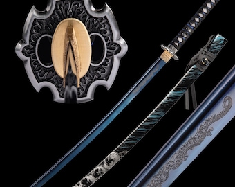 Handgjord japansk katana - handsmidd full tånge 1060 högkolstål blått blad samurajsvärd äkta blått drakesvärd, present till honom