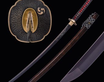 Espada Katana japonesa hecha a mano - Espiga completa forjada a mano, acero al carbono 1095, hoja negra, auténtica espada samurái - Perfecta para coleccionar y exhibir