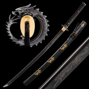Handmade Samurai Katana Sword - Hand Forged Full Tang 1060 High Carbon Steel Black Blade Japanese Sword Real Black Dragon Sword Gift For Him