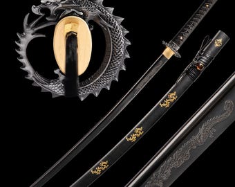 Handgesmede samurai-katana: handgemaakt zwart drakenzwaard van 1060 koolstofstaal met volledige tang