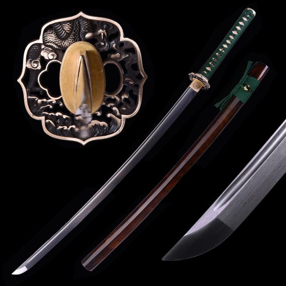 Handmade Japanese Damascus Katana Real - Hand Forged Full Tang Samurai Katana Sword Copper Dragon Tsuba