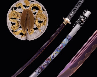Handmade Katana - Full Tang Real Japanese Samurai Katana Sword 1095 High-carbon Steel Purple Blade, Purple Dragon Sword, Gifts for Him