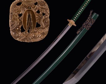 Ręcznie kuta, arcydzieło, katana – ręcznie kuta, pełna rękojeść, autentyczny japoński miecz samurajski, Kobuse Damascus, 3-cieniowa, ręcznie zdobiona, Nashiji