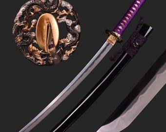 Handmade Masterpiece Japanese Sword - Hand Forged Full Tang Samurai Wakizashi Dragon Sword Real, T10 Steel Clay Tempering 3-shade polish
