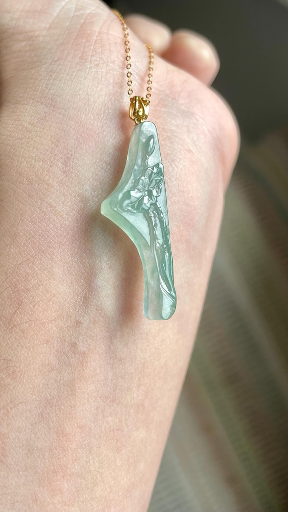 18K Gold Icy Green Jadeite Pendant: Unique Hand-Carved Lotus Philosopher Serenity