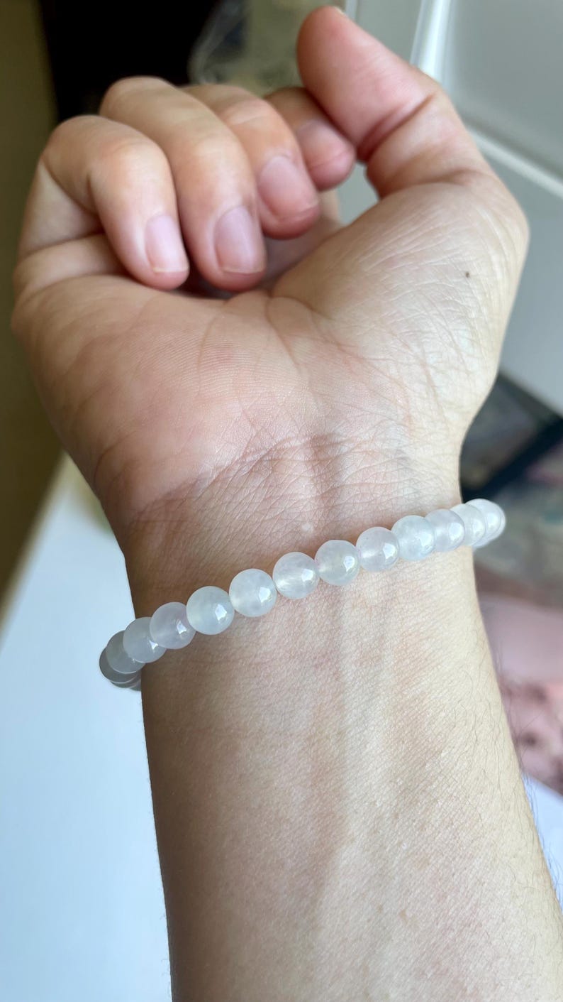Icy White 6mm Burmese Jadeite Beads Bracelet W/WO Green Jadeite Rabbit Charm Set image 7