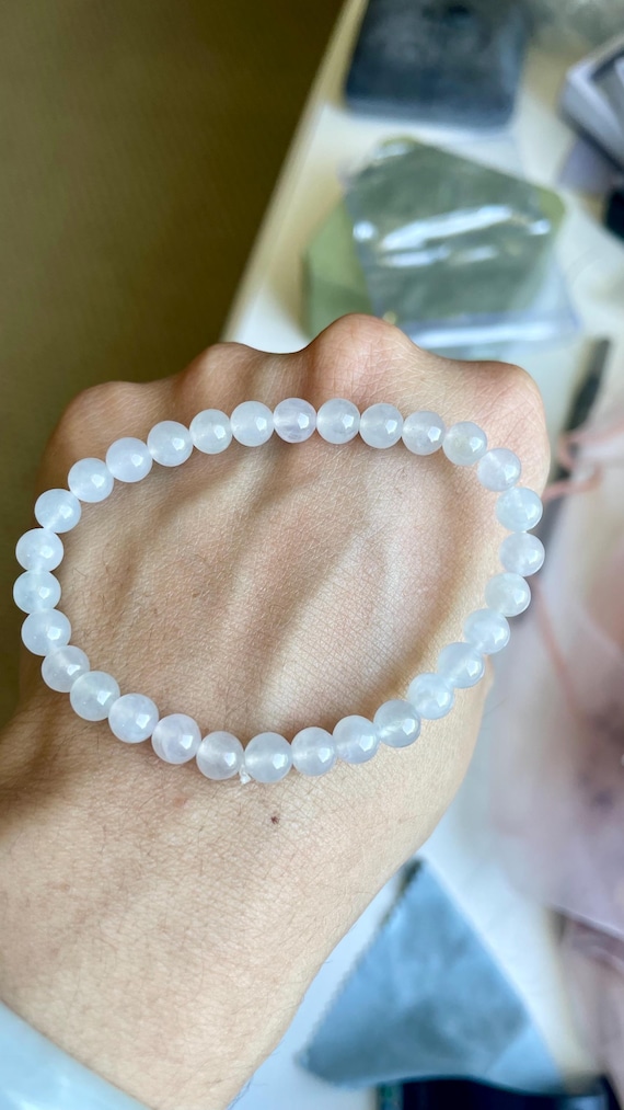 Icy White Clear 6mm Burmese Jadeite Beads Bracelet