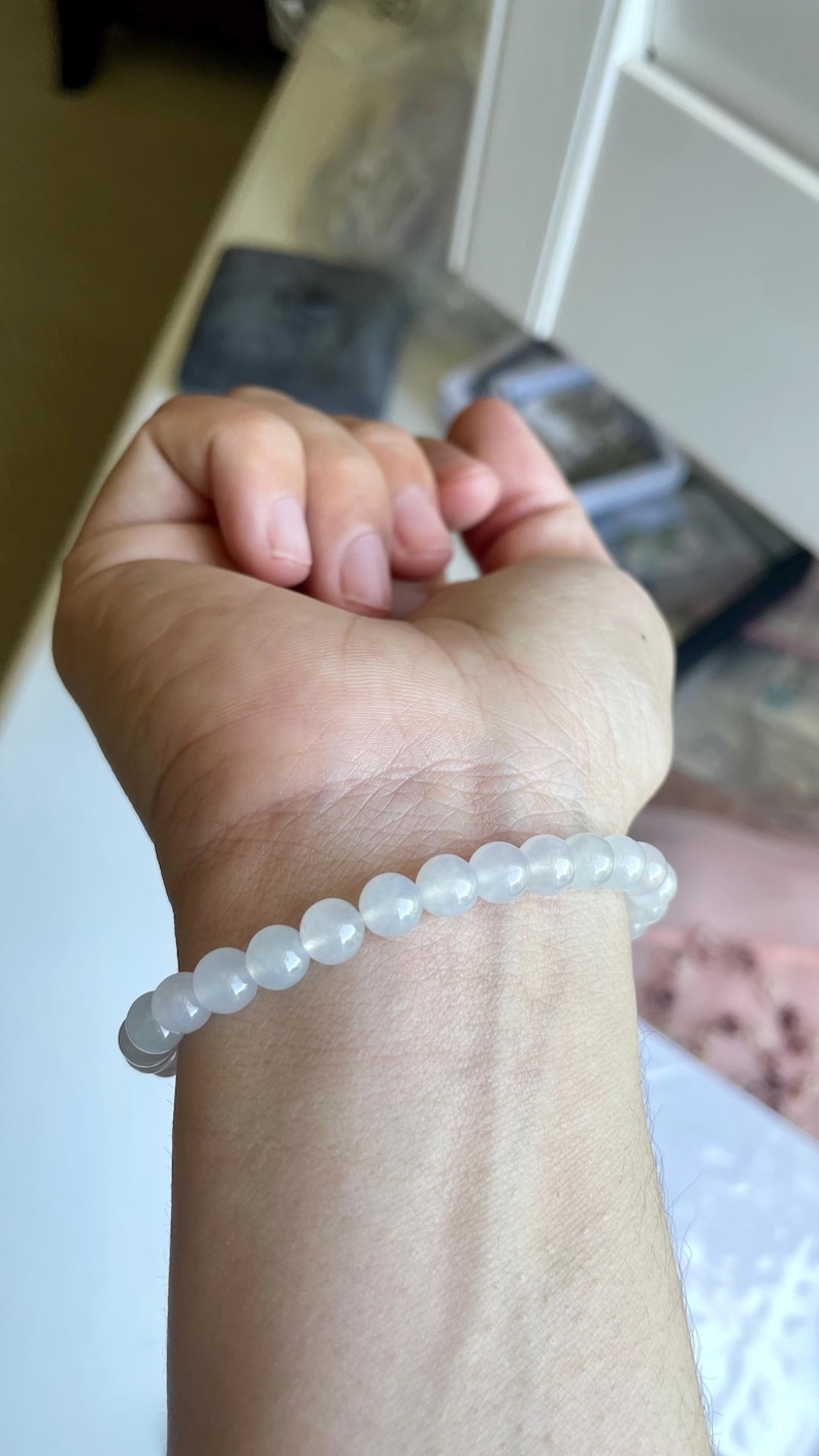 Icy White 6mm Burmese Jadeite Beads Bracelet W/WO Green Jadeite Rabbit Charm Set image 8