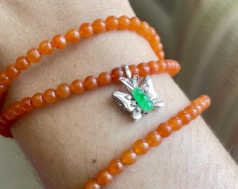 Natürliche birmanische Typ A eisige orange rote Jadeit Halskette | Dreifach Armband