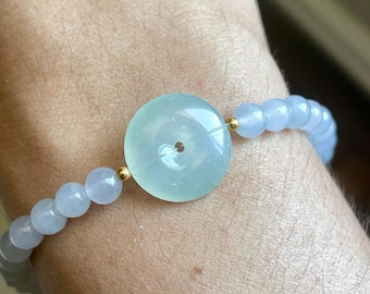Hand-Crafted Lavender Blue Jadeite Bracelet, Icy Green Donut Charm, 18K Gold Beads