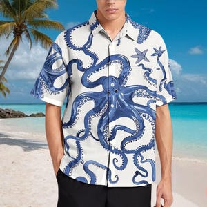 Octopus Hawaiian Shirt, Ocean Button up Gifts for Men/Women, Sea Creature Nautical Octopus Shirt, Summer Family Gifts, Aloha Tropical Hawaii