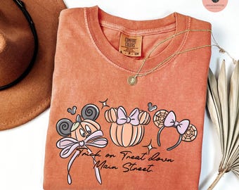 Disney Trick or Treat Down Main Street Coquette Bow Shirt, Mickey Minnie Pumpkin Coquette Tee, Disney Castle Family Girls Trip Halloween Tee