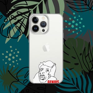 Puede incluir: Una funda de teléfono blanca con un dibujo en blanco y negro de una persona con la palabra "GENIUS" impresa en rojo en la parte inferior.
