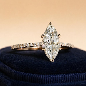 Anel de noivado em ouro amarelo maciço 14K com moissanita lapidada em formato marquise de 2,50 quilates, cravação pavé, anel marcante, anel de compromisso, presente de aniversário.