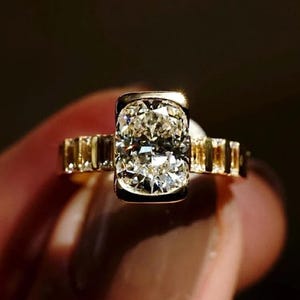 Cushion Cut Moissanite Ring: 14K Yellow Gold Bezel Set Engagement Ring