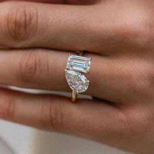 Toi et Moi Moissanite Ring: Emerald & Pear Cut, Yellow Gold Bridal Anniversary Ring