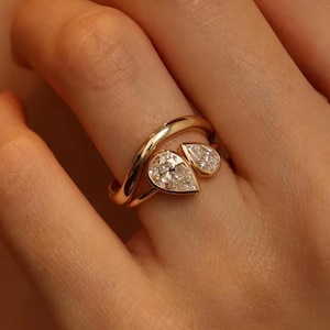 Toi et Moi Moissanite Pear Cut Engagement Ring: Yellow Gold Two Stone Ring
