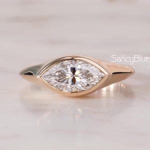 Bezel Set Ring, East West 1.50ct Marquise Cut Moissanite Engagement Ring, 14K Solid Gold Ring, Marquise Solitaire Ring, Promise Ring For Her