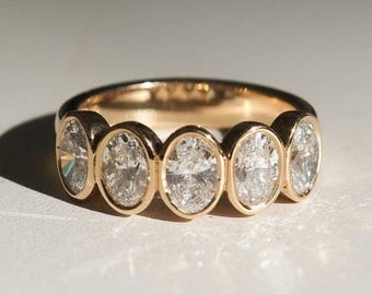 14K Yellow Gold Oval Moissanite Half Eternity Band - Bezel Set