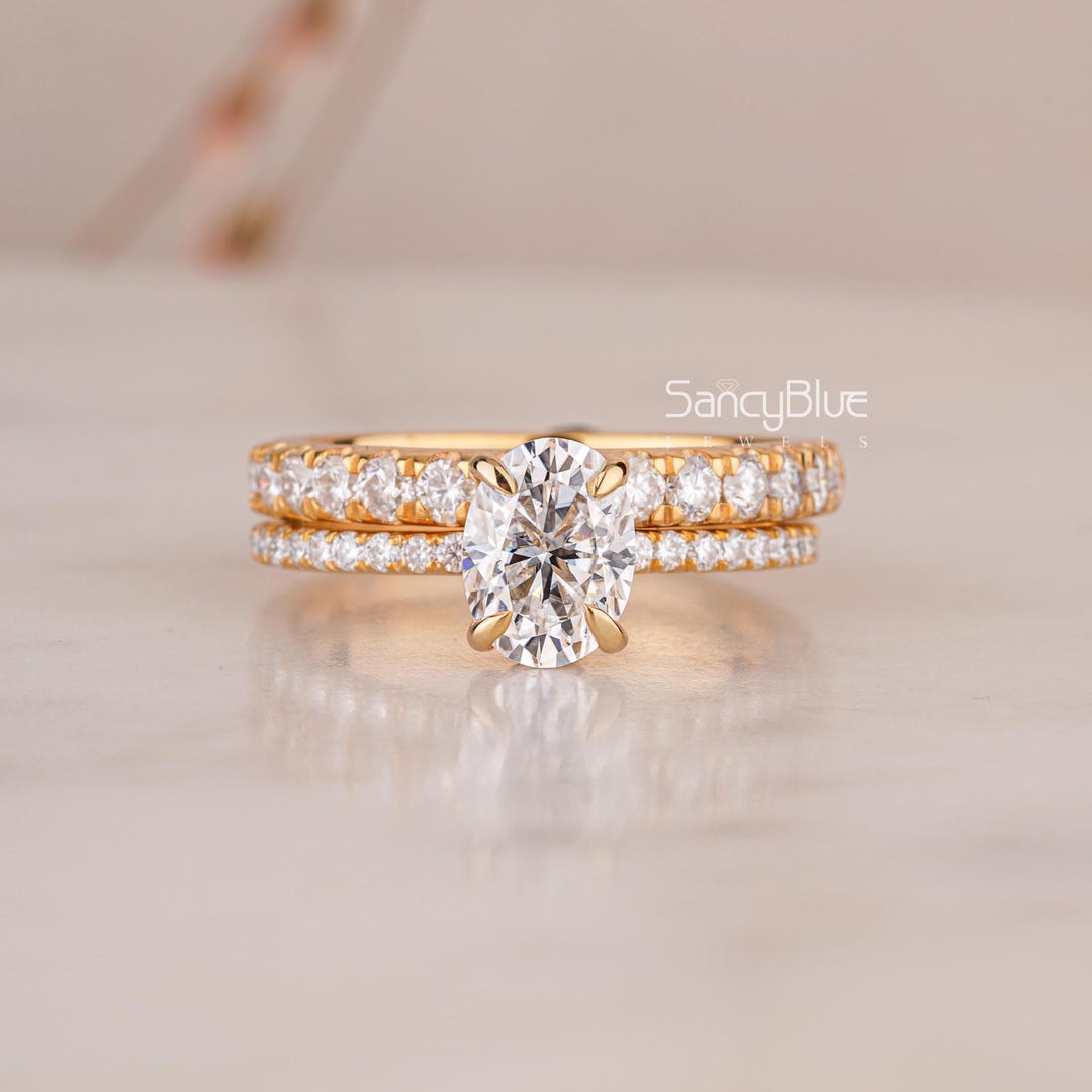 1.30 CT Oval Cut Moissanite Wedding Ring Set, 14K Solid Gold Engagement ...