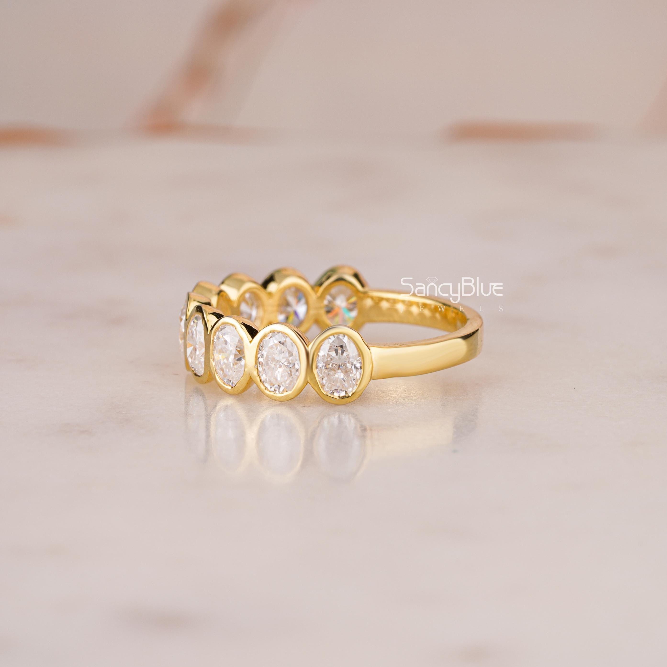 Bezel-set Half Eternity Oval Cut Moissanite Wedding Band, 14K Gold ...