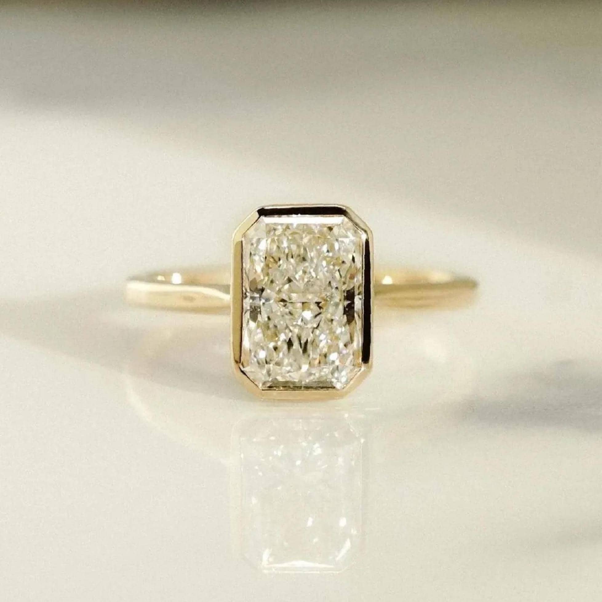 Radiant Cut Bezel Set Moissanite Ring, 2.50 CT Elongated Radiant Cut Engagement Ring, 14K Solid Yellow Gold Ring, Diamond Solitaire Ring.