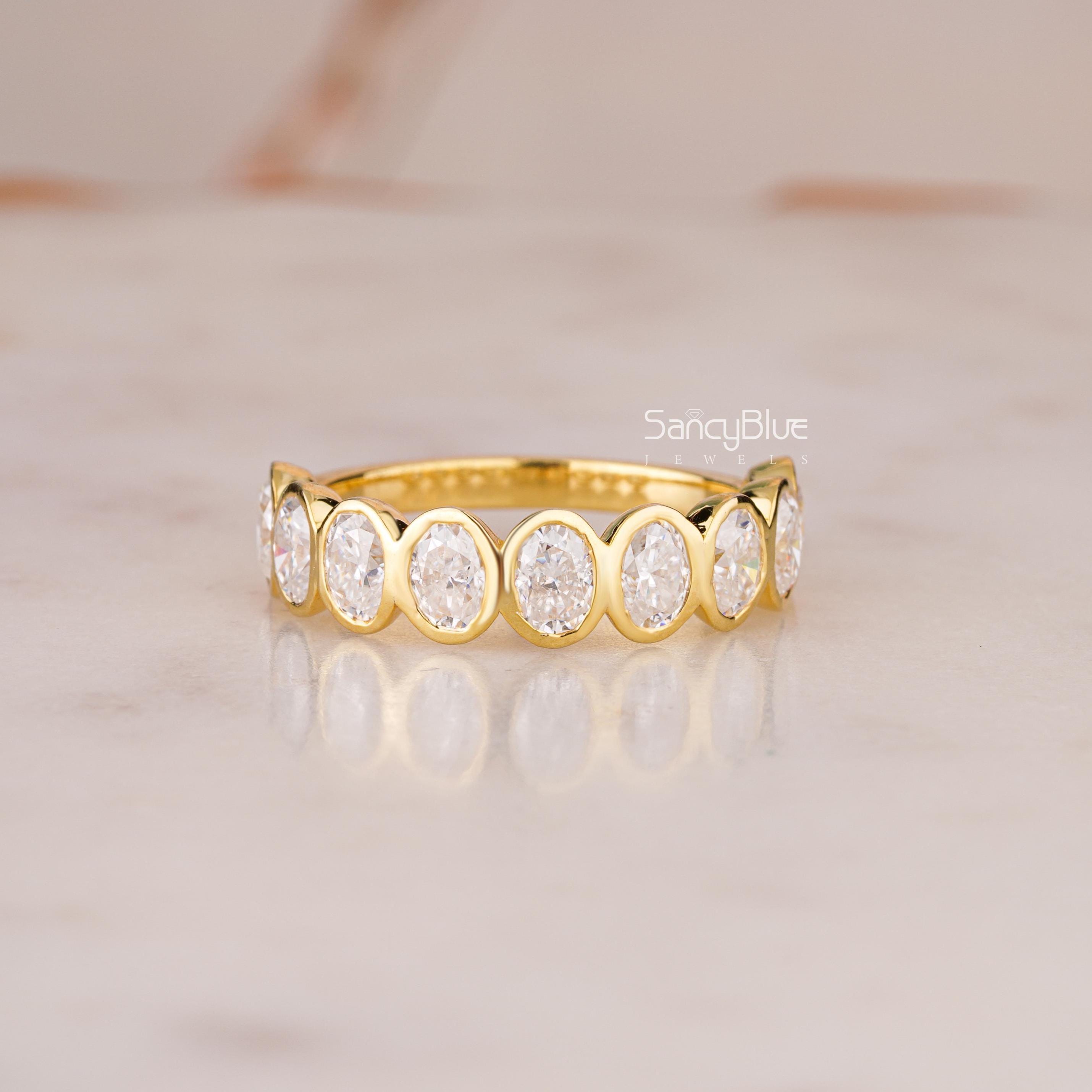 Bezel-set Half Eternity Oval Cut Moissanite Wedding Band, 14K Gold ...