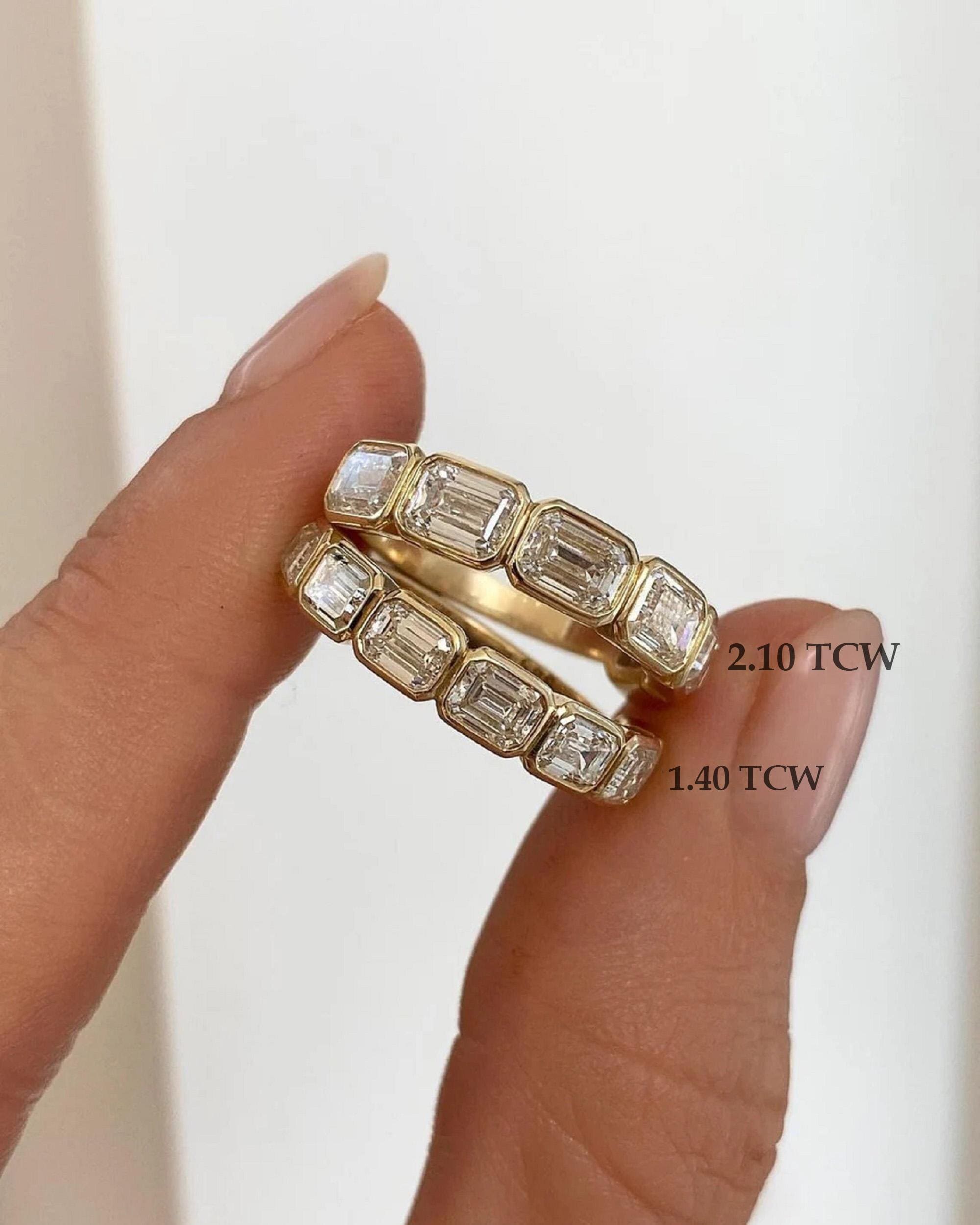 Emerald Cut Moissanite Wedding Band: 14K Yellow Gold Bezel Set Eternity