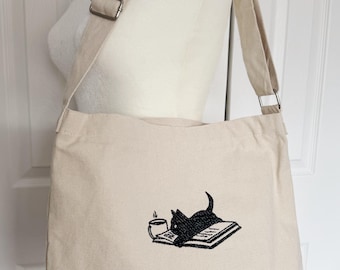 Black Cat Reading Books Embroidered ToteBag