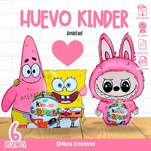 Puede incluir: Imagen promocional con tres recortes de personajes de dibujos animados: una estrella de mar rosa, una esponja amarilla y un conejo rosa. Cada personaje sostiene un huevo Kinder Sorpresa. El texto "HUEVO KINDER" y "Amistad" se muestran en rosa.