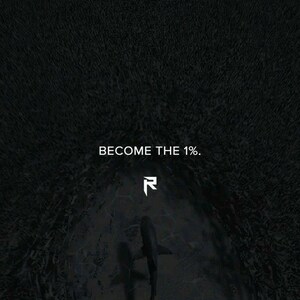 May include: Dark, textured background with the text "BECOME THE 1%." and a stylized "R" logo. Silhouetted sharks swim in the water below, creating a dramatic and motivational visual.
