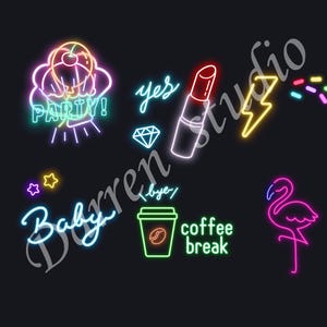 83 Ilustraciones de fuentes fluorescentes de luz de neón AI Vector Elementos de póster de moda para diseño de escenario de discoteca PNG Clipart, alta calidad 3000x3000