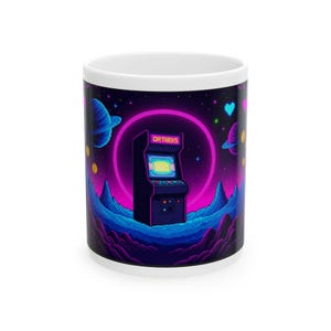 Retro Arcade Themed Ceramic Mug, Gaming Gift, 11oz 15oz, Gamer Coffee Cup, Funky Mug, Nostalgic Drinkware